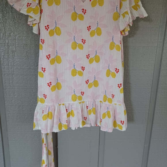 Pink Chicken Lemon Print Halsey Mini Dress Size S Women Tie Waist Metallic - Picture 3 of 13